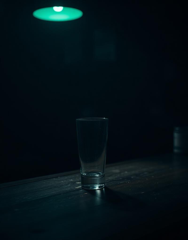 Leeres Glas auf dunkler Bartheke unter einem einzelnen Licht